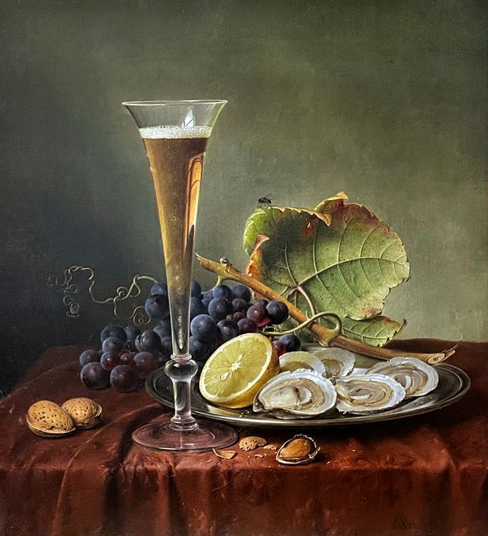 Johann Wilhelm Preyer - Still life with almonds, oysters, grapes and a Champagne flute | MasterArt